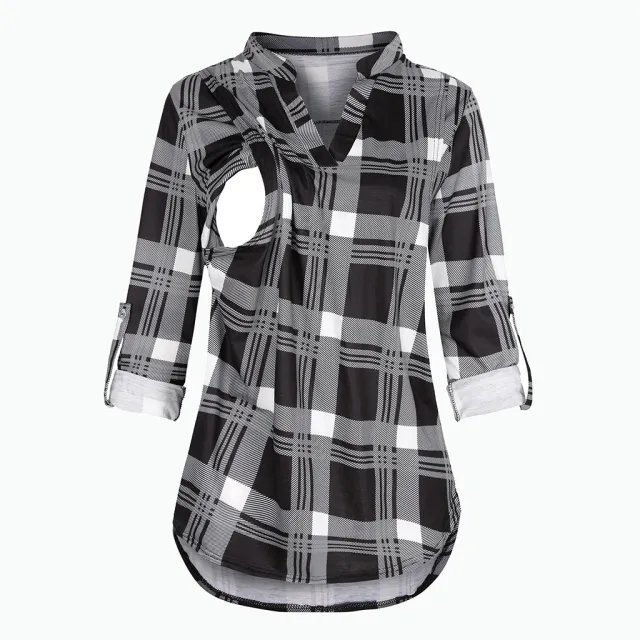 Plaid Printed Pregnant Woman Breastfeeding V neck Long Sleeve Top Plaid Large Black Plaid - Shop at LoveMi