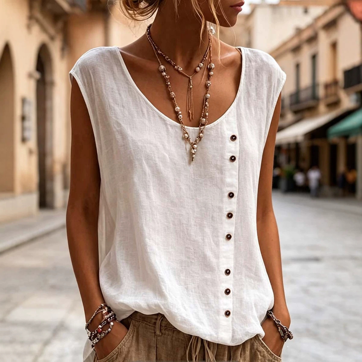 Sleeveless Single-breasted Loose-fit Vest Casual Top