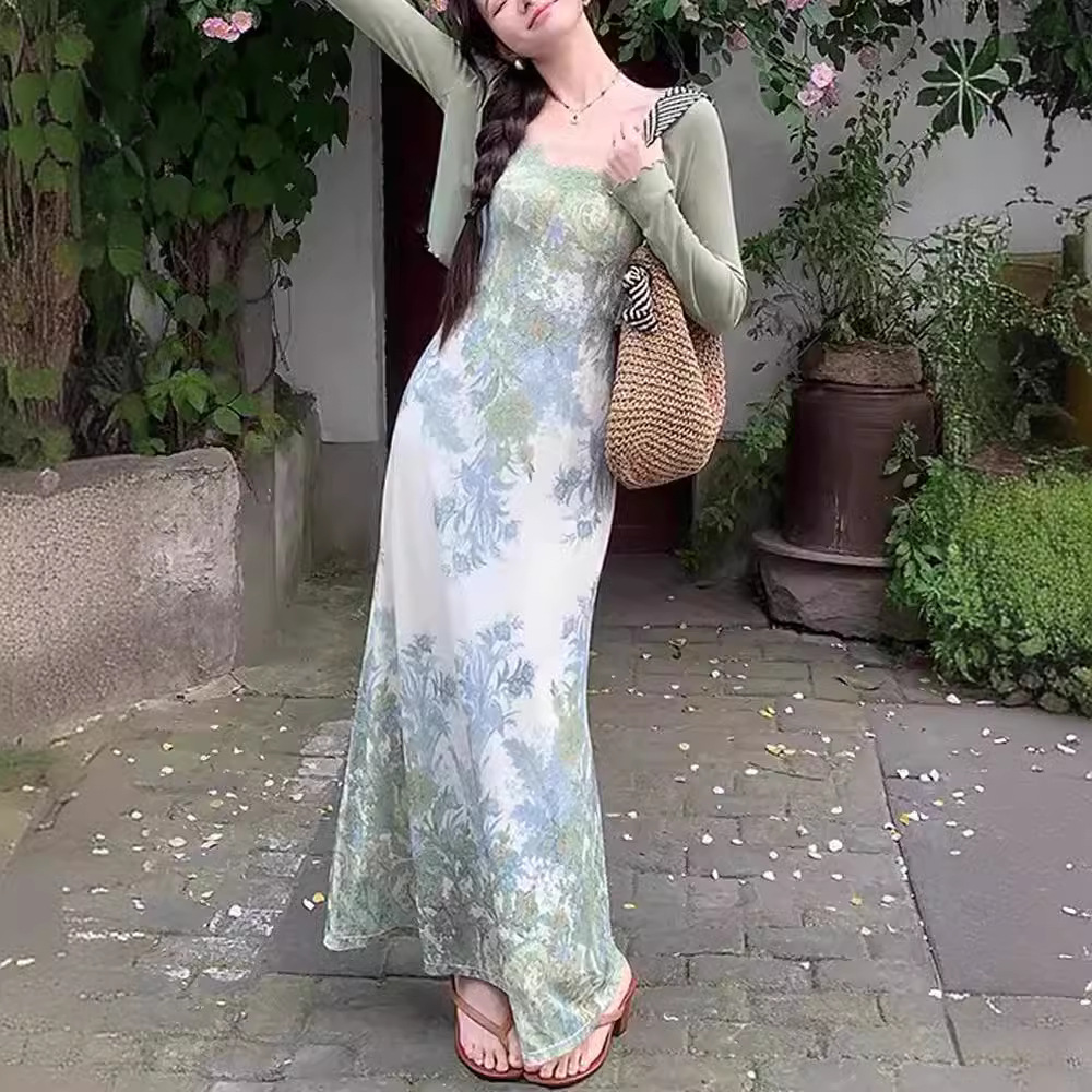 New Chinese Retro Jacquard Dress Women's Summer Cardigan Suspender Skirt Two-piece Set