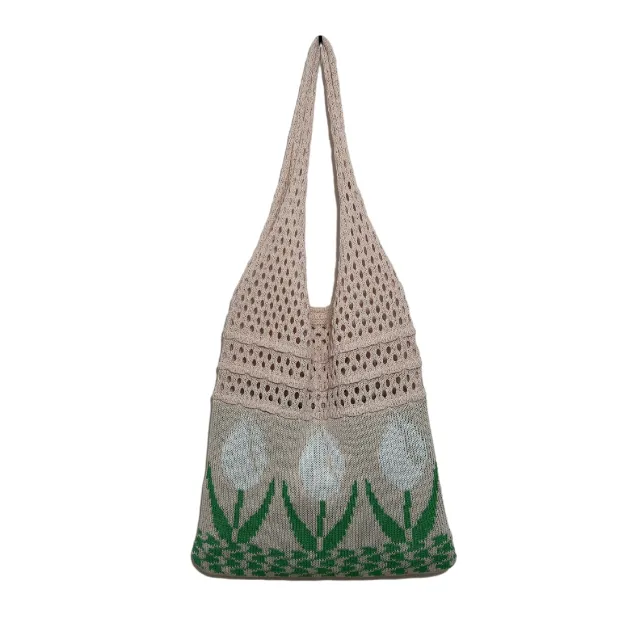 Flower Tulip Vintage Knitted Shoulder Bag Beige - Shop at LoveMi