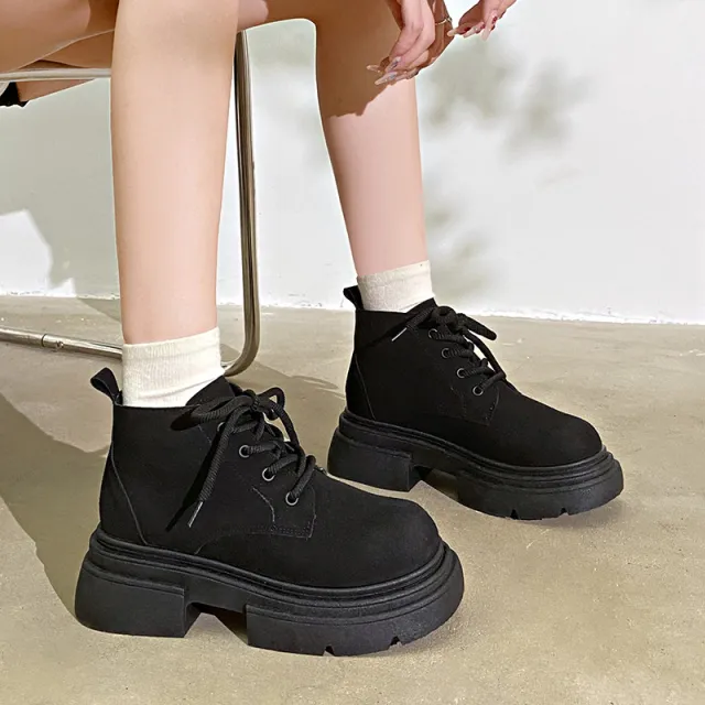 Women's Thick soled Lace up Retro Matte Ankle Trendy Cool British Fan Boots Black - Shop at LoveMi
