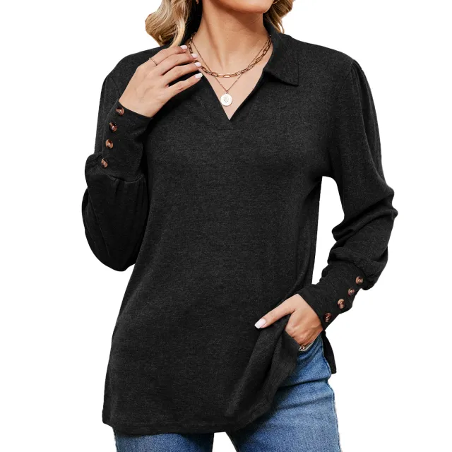 Button Loose fitting Sanding T shirt Top For Women Black - Shop at LoveMi