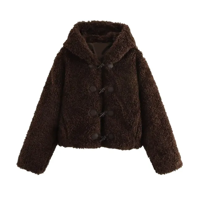 Women's String Button Faux Fur Coat Brown - Shop at LoveMi