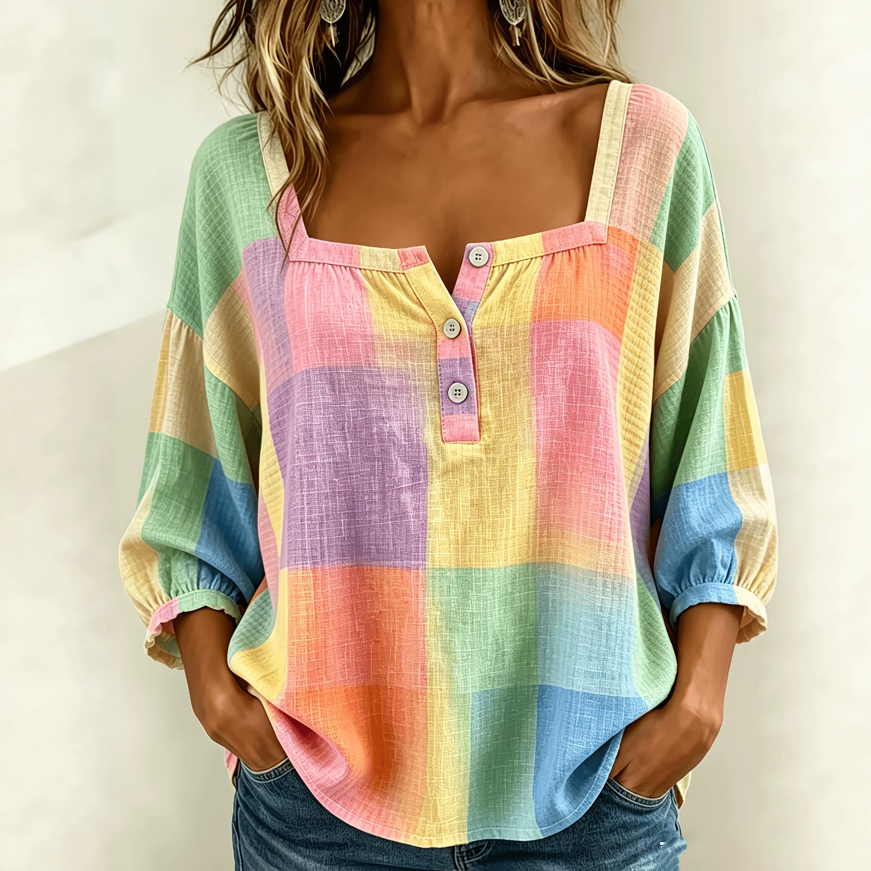 Womens Casual Loose-fitting Top With A Square Neckline