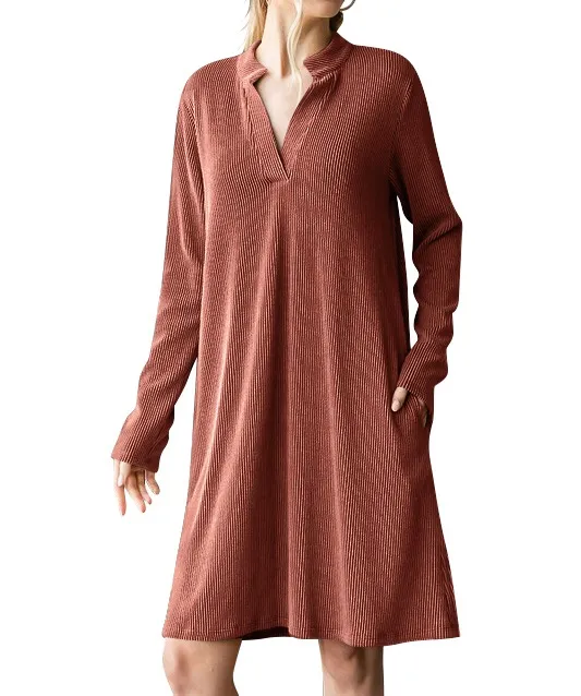 Women's V neck Long Sleeve Loose Dress Brown - Shop at LoveMi