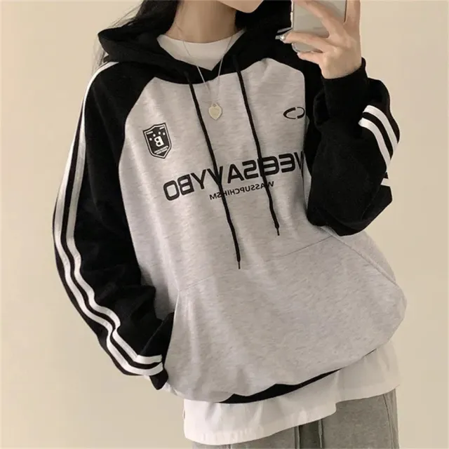 Thin Stitching Velvet Padded Hooded Sweatshirt Women 60242 Black And Gray Thin - Shop at LoveMi