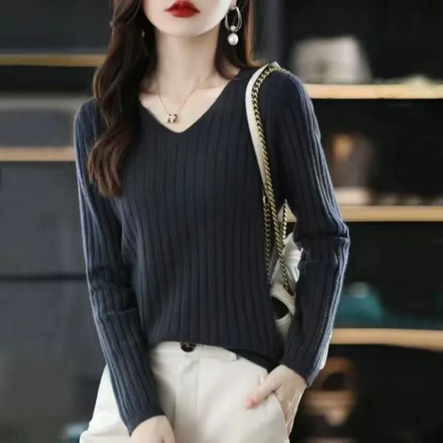 Slim V neck Pullover Long Sleeve Knitted Sweater Gray Blue - Shop at LoveMi