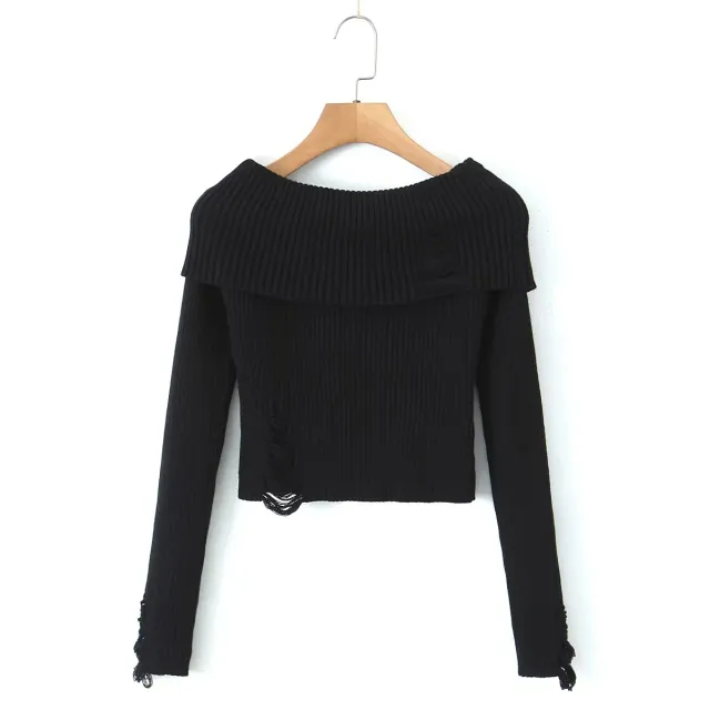 Off shoulder Large Lapel Short Sweater For Women Black - Shop at LoveMi
