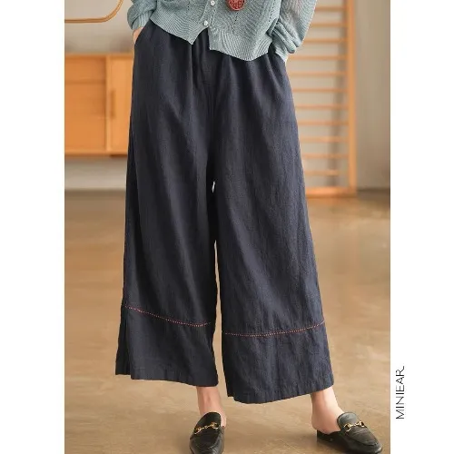 Japanese Linen Straight Drooping Casual Loose Slimming Wide Leg Women's Trousers - Navy