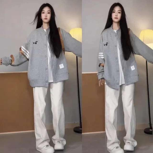 Preppy Style Three stripe Casual Loose Cardigan For Women In Spring And Autumn Gray - Shop at LoveMi