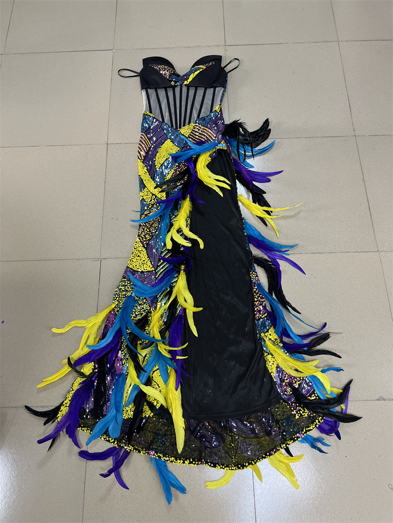 Heavy Industry Sequin Embroidery Color Feather High Slit Tube Top Dress
