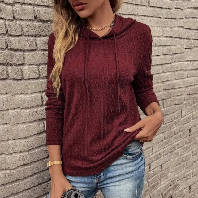 Long Sleeve Hooded Drawstring Pullover Sweater Top Wine Red - Shop at LoveMi