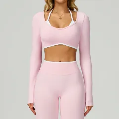 Seamless Contrast Colour Yoga Long Sleeve Fake Two-piece Short Version Slim Fit Yoga T-shirt - Hit Light Pink - View 1