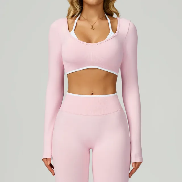 Seamless Contrast Color Yoga Long Sleeve Fake Two piece Short Version Slim Fit Yoga T shirt Pink - Shop at LoveMi