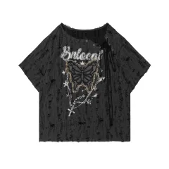 Women's Lace-up Butterfly Affixed Cloth Embroidered Short-sleeved T-shirt - Red - View 1