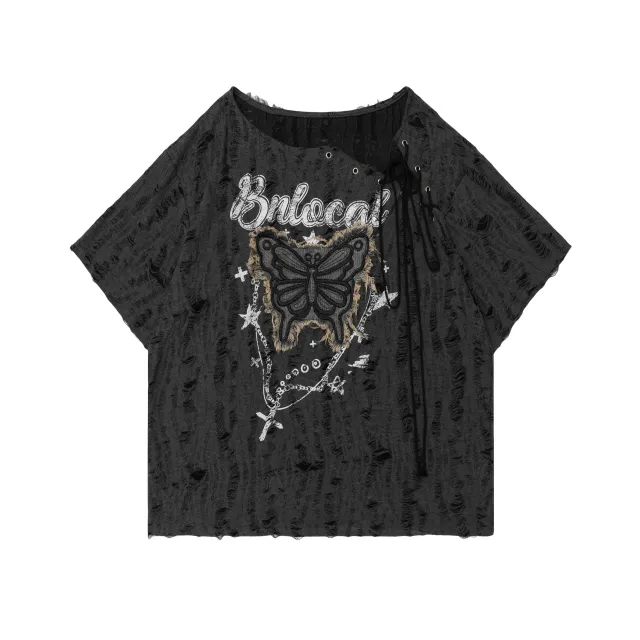 Women's Lace up Butterfly Affixed Cloth Embroidered Short sleeved T shirt Red - Shop at LoveMi