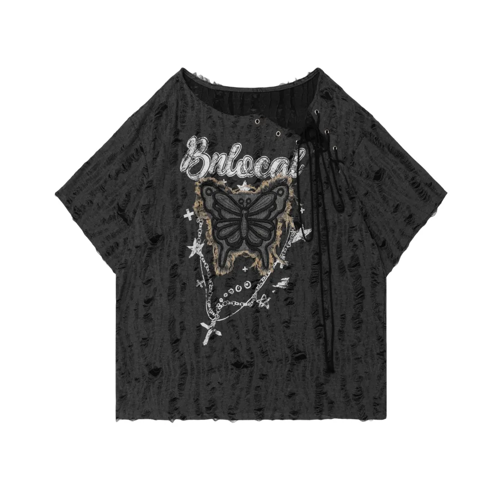 Women's Lace-up Butterfly Affixed Cloth Embroidered Short-sleeved T-shirt - Red