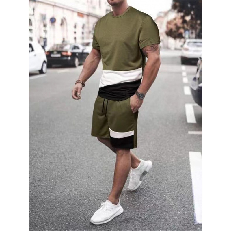 Summer Cool Fashion Men's Large Size Men's Contrast Color Round Neck European And American Short Suit