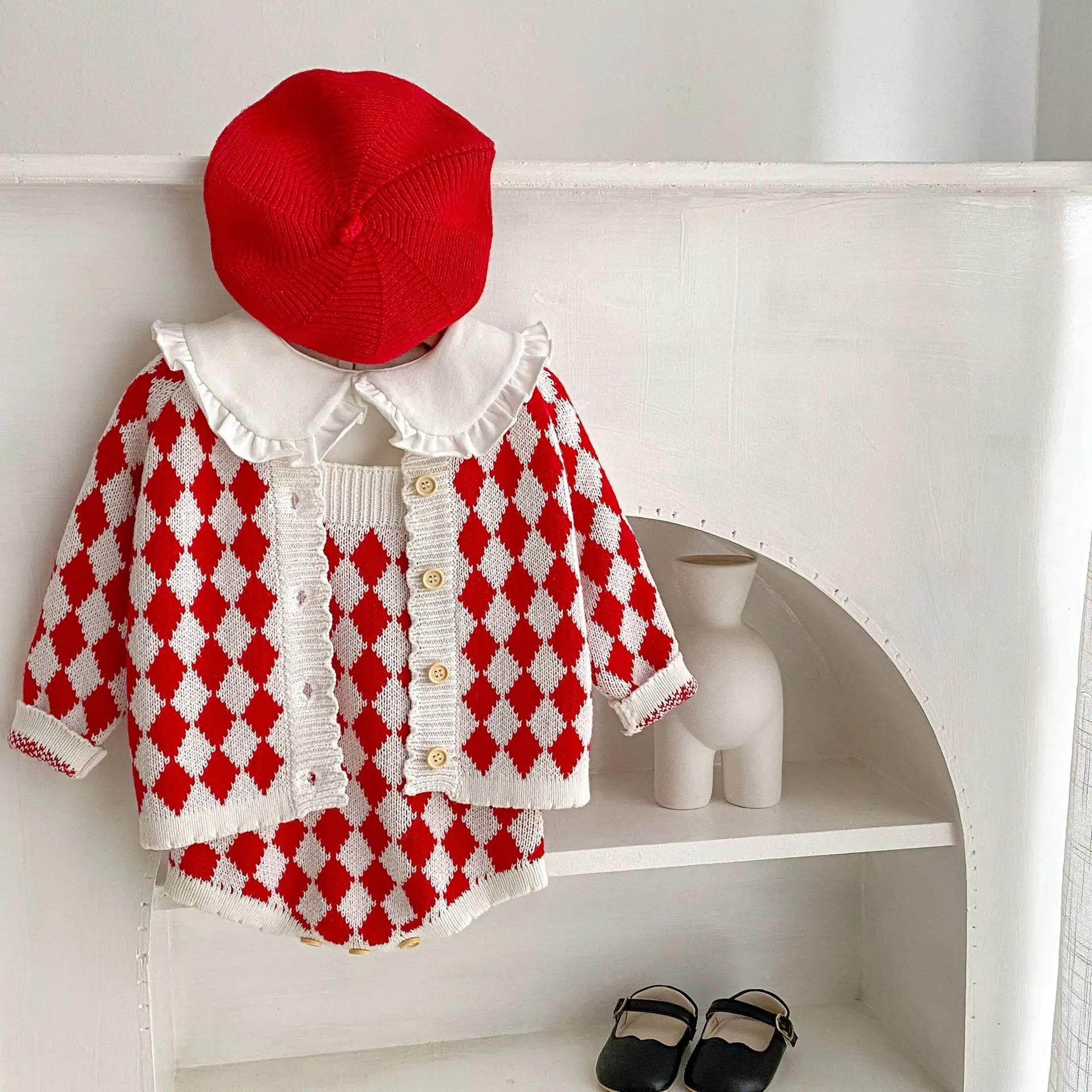 Baby Cotton Knitted Rhombus Sweater Coat