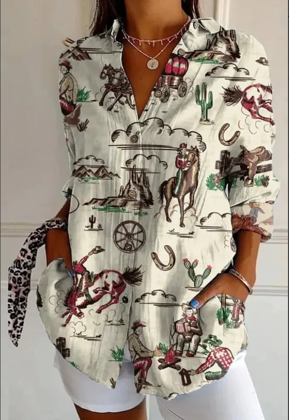 Fashion Shirt Printing Lapel Long Sleeve Women Xjq6913Rt 3Xl - Shop at LoveMi