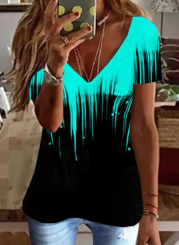 Stand Temperament Commute V neck Short Sleeve Loose Pullover Print Mid length T shirt Light Blue Pinstripes - Shop at LoveMi