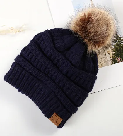 Warm Hat Thickening Not Fleece lined Knitting Plus Fur Ball Navy Blue - Shop at LoveMi