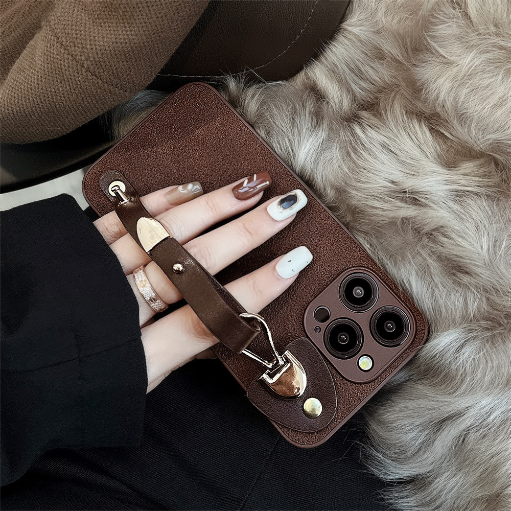 Vintage Leather Wrist Strap Premium Moon Crater-Textured Phone Case