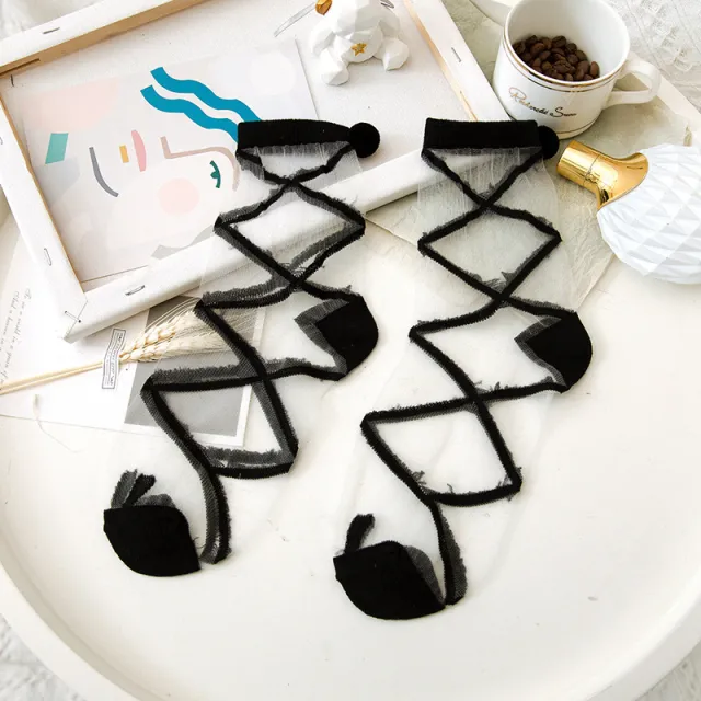 Cute Bunny Tail Soft Girl Socks Women's Mid calf Thin Stockings Night Black - Shop at LoveMi