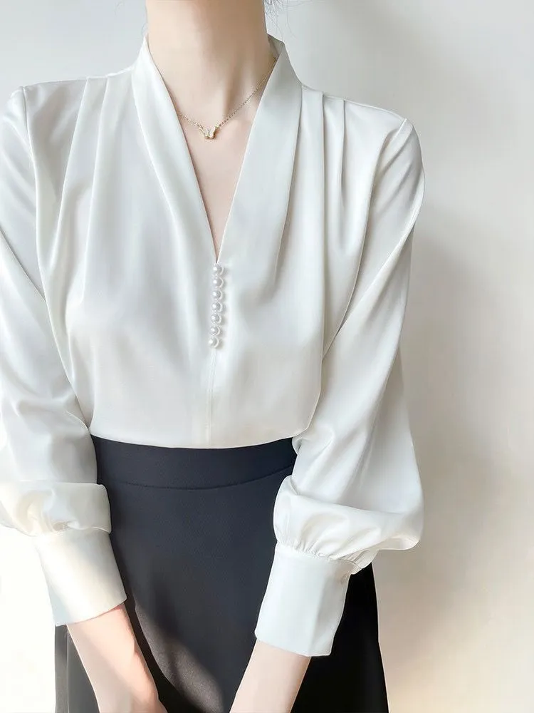 Women's Polyester V-neck Chiffon Long-sleeved Shirt - White