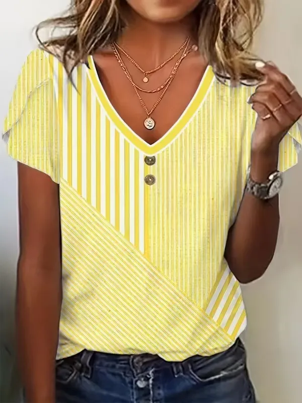 Women's Striped Button up Short Sleeve Top Yellow - Shop at LoveMi