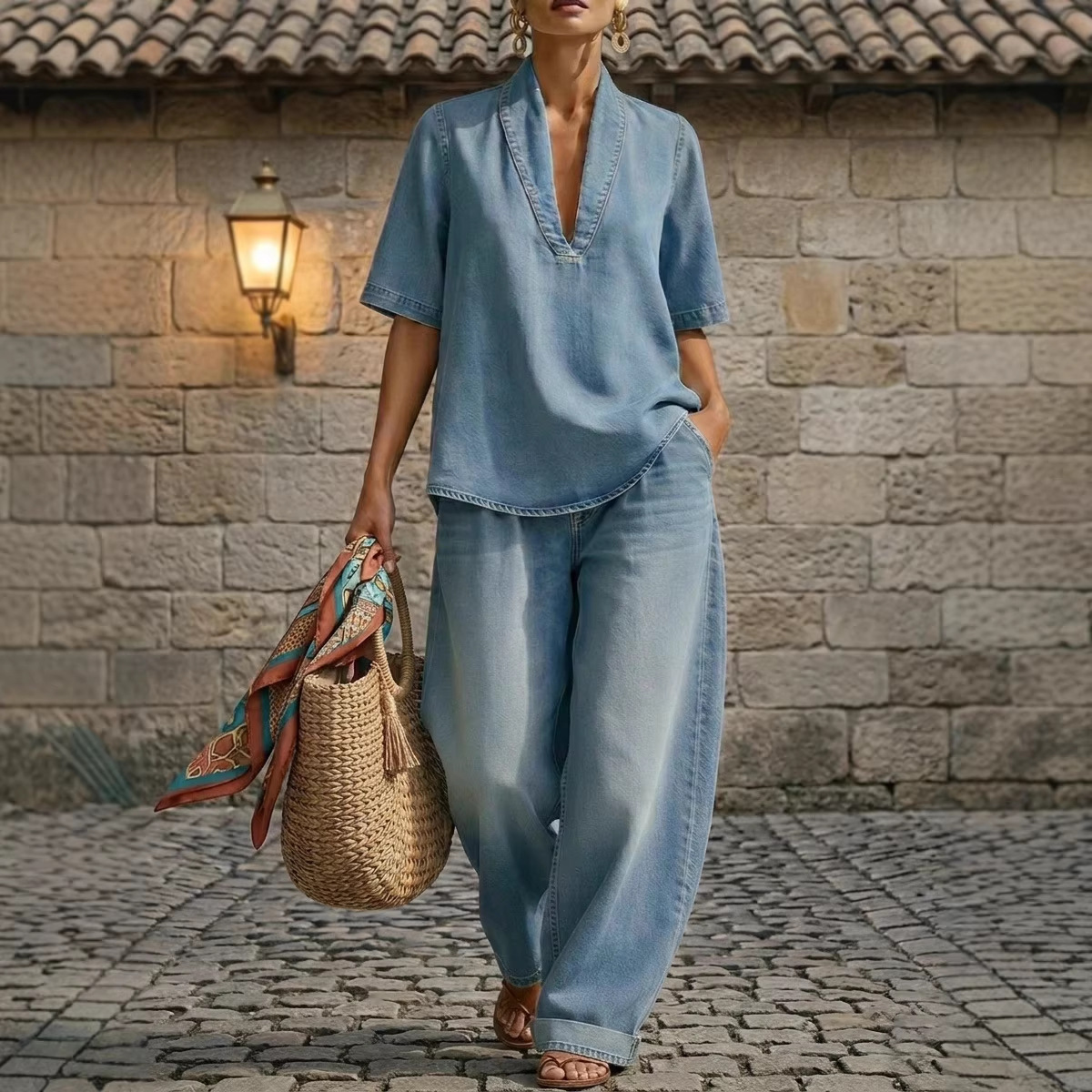 Retro V-neck Denim Set Womens Loose Half-sleeve Top And Wide-leg Pants Two-piece Set - Image 1