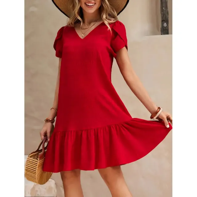 V neck Solid Color Loose Casual Short Sleeve Dress Red - Shop at LoveMi