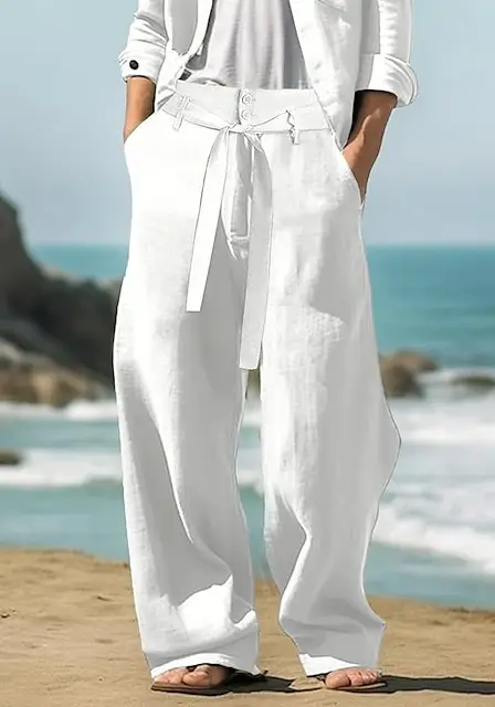 Men's Linen Belt Elastic Waist Straight Pure Color Comfort Breathable Outdoor Pants