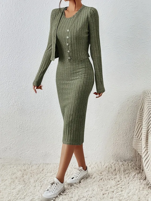 Front Button Cropped Top And Slim Fit Dress Army Green - Shop at LoveMi