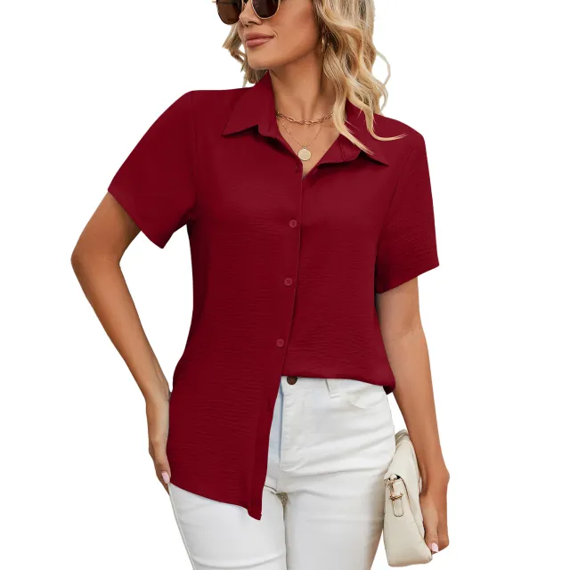 Women's Summer Anti wrinkle V neck Casual Loose Solid Color Shirt Top Wine Red - Shop at LoveMi
