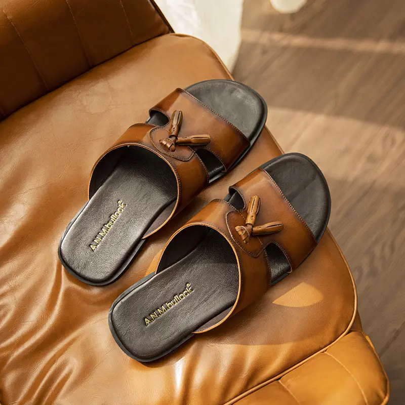 Mens Genuine Leather Slippers Made From Full-grain