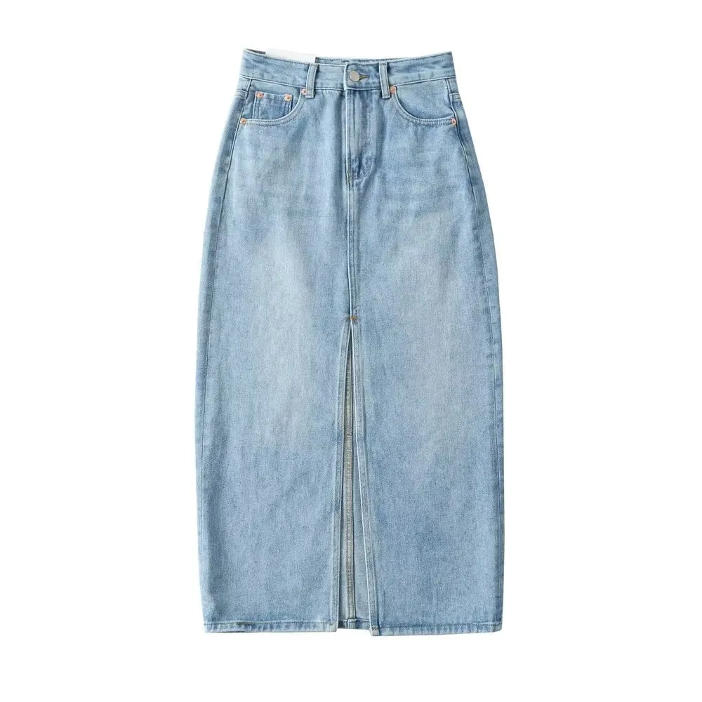 Front Slit Hem Lock Street Denim Skirt - Blue