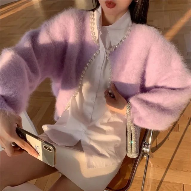 Korean Style Solid Color Fashion Loose Pearl Edge Mink like Wool Cardigan Sweater Light Purple - Shop at LoveMi