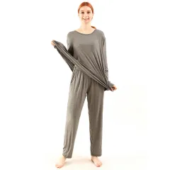Loose High Elastic Bamboo Fibre Home Long-sleeved Trousers Suit - Dark Grey Suit - View 1