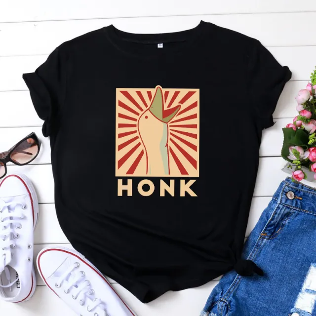 Vintage HONK Goose Print Crew Neck Casual Cotton Short Sleeve T shirt Black - Shop at LoveMi