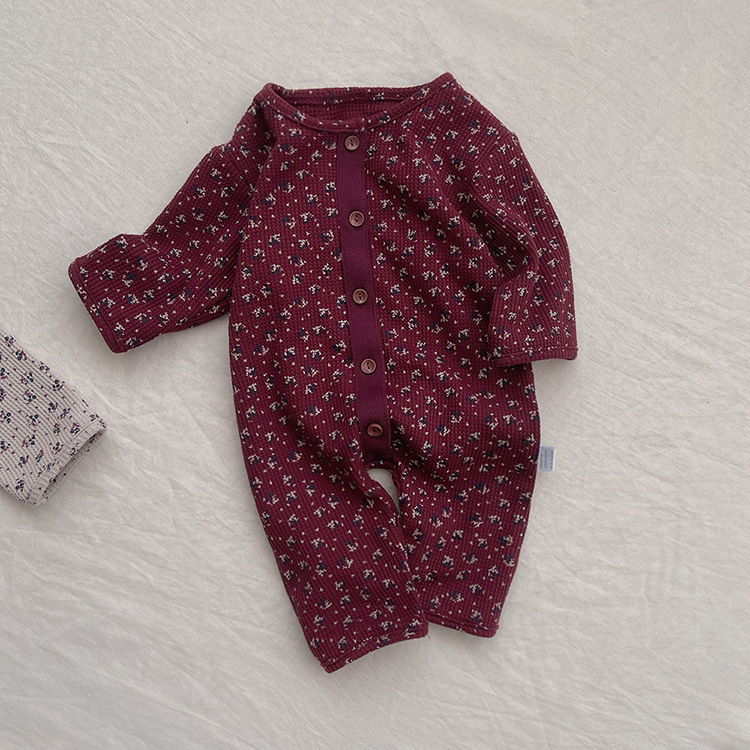 Waffle Print Single-breasted Long Sleeve Jumpsuit