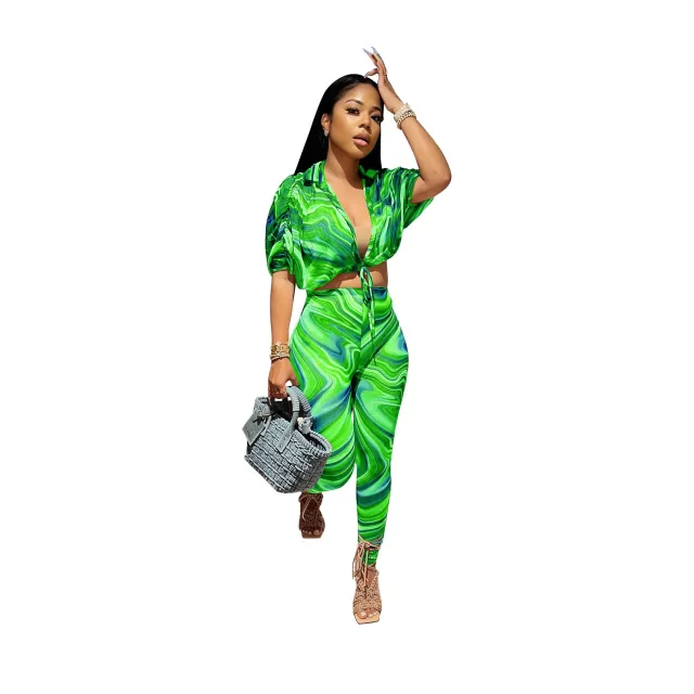 Lapel Tied Tight Waist Corrugated Printed Tapered Trousers Short Sleeve Shirt Casual Suit Green - Shop at LoveMi