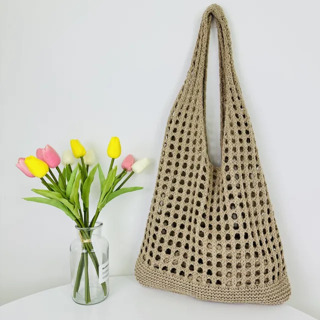 Tote Beach Knitted Hollow Bag Khaki - Shop at LoveMi