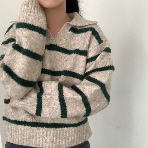 Fall And Winter Lapels Contrast Color Striped Pullover Sweater Long Sleeve Loose Casual Knitted Top For Women Dark Green - Shop at LoveMi