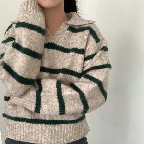 Fall And Winter Lapels Contrast Color Striped Pullover Sweater Long Sleeve Loose Casual Knitted Top For Women - Dark Green