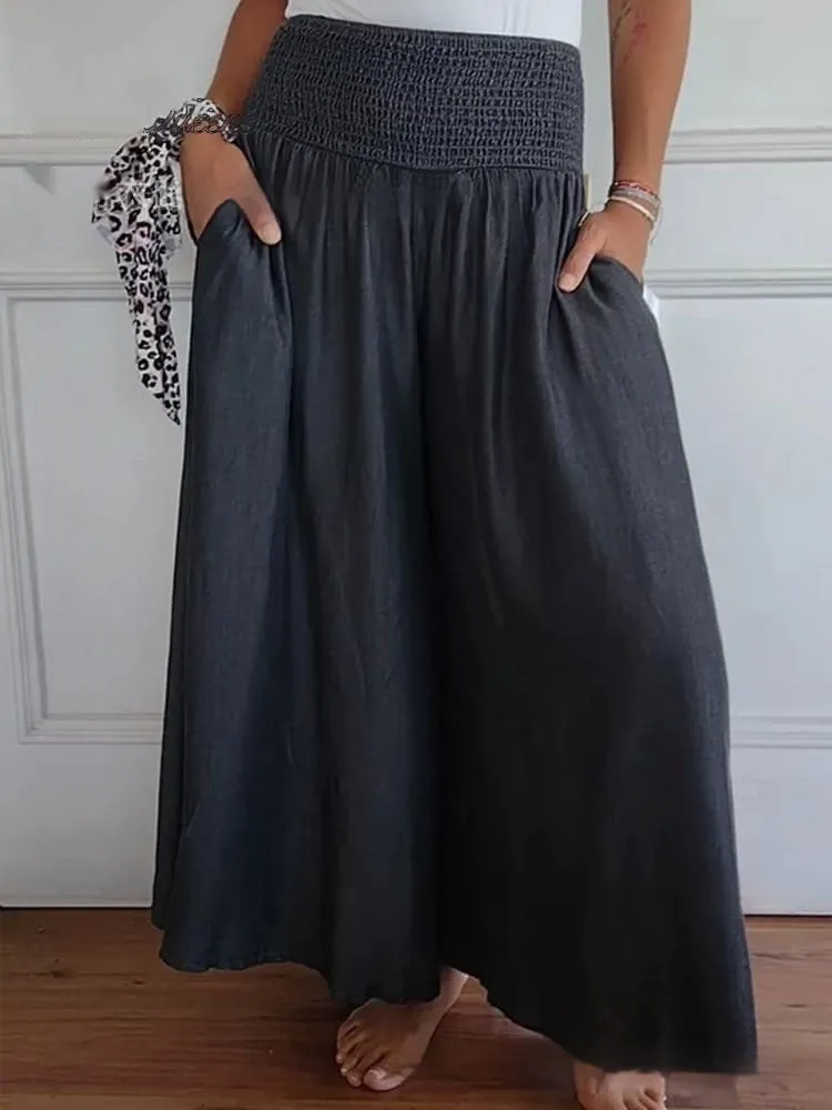 Casual High Waist Smocking Wide Leg With Pockets Denim Women's Pants - Gray