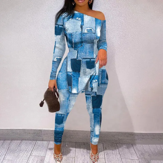 Autumn And Winter New Letter Floral Print Slit Hem Long Sleeve Top Suit Women Denim Color - Shop at LoveMi
