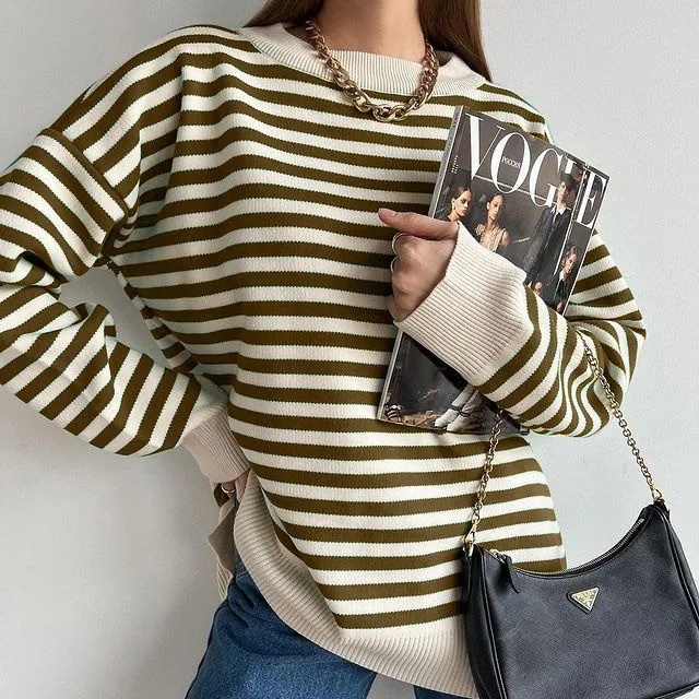 Sweater Women's Casual Round Neck Sweater Pullover Woolen Top Brown - Shop at LoveMi