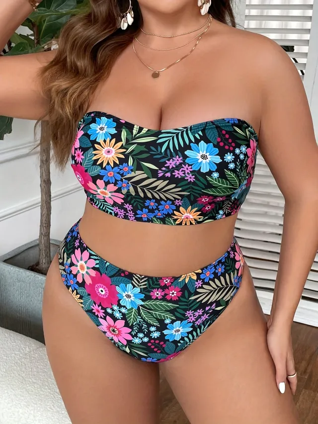 Plus Size Printed Split Tube Top Bikini Swimsuit Black - Shop at LoveMi
