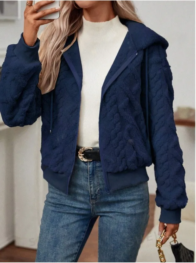 Hooded Knitted Coat Dinified Sweater Cardigan Navy Blue - Shop at LoveMi